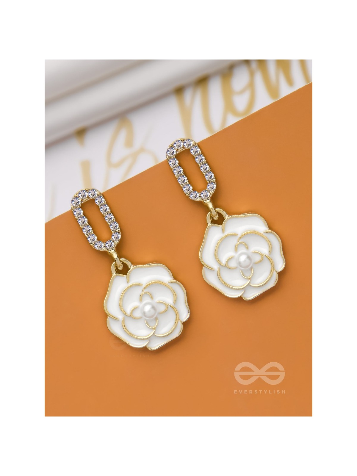 THE MIDNIGHT ROSE - GOLDEN AND WHITE EMBELLISHED EARRINGS
