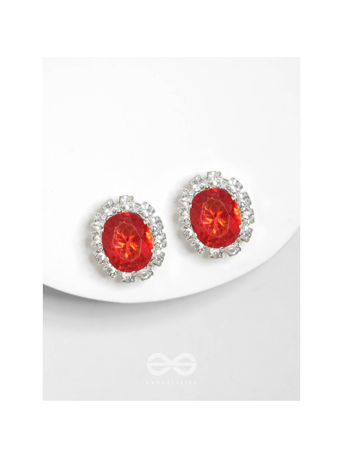 SHIMMER AND SHINE - SILVER AND RED EMBELLISHED STUD EARRINGS