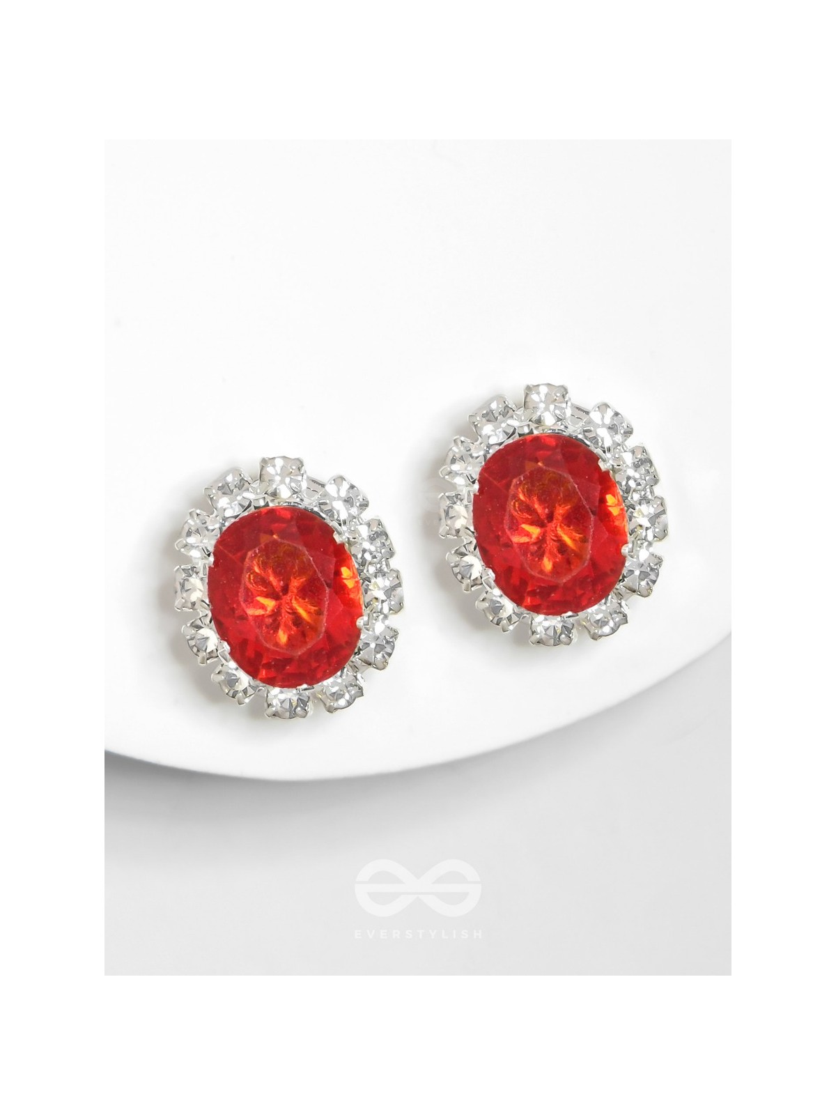 SHIMMER AND SHINE - SILVER AND RED EMBELLISHED STUD EARRINGS