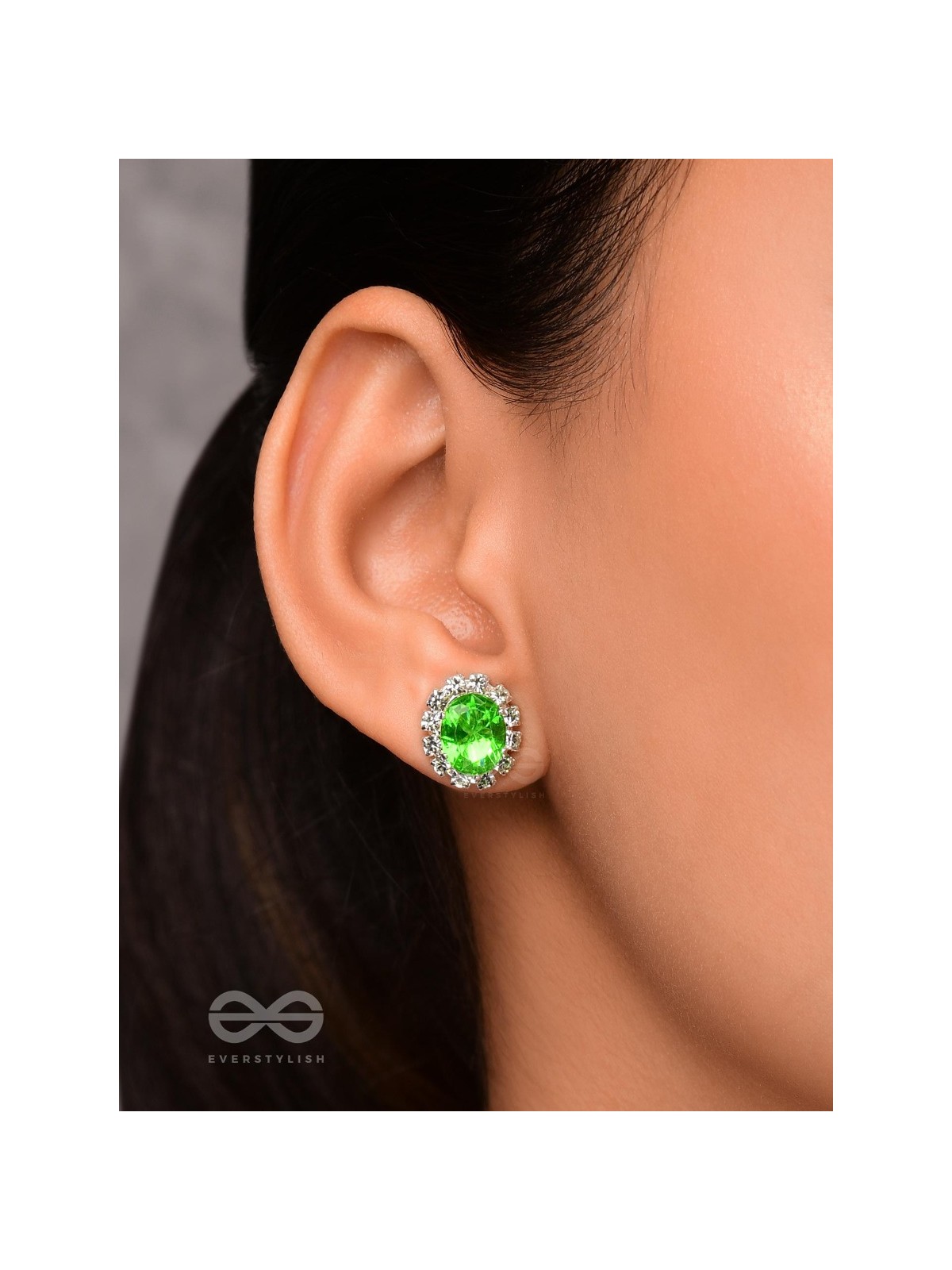 SHIMMER AND SHINE - SILVER AND GREEN EMBELLISHED STUD EARRINGS