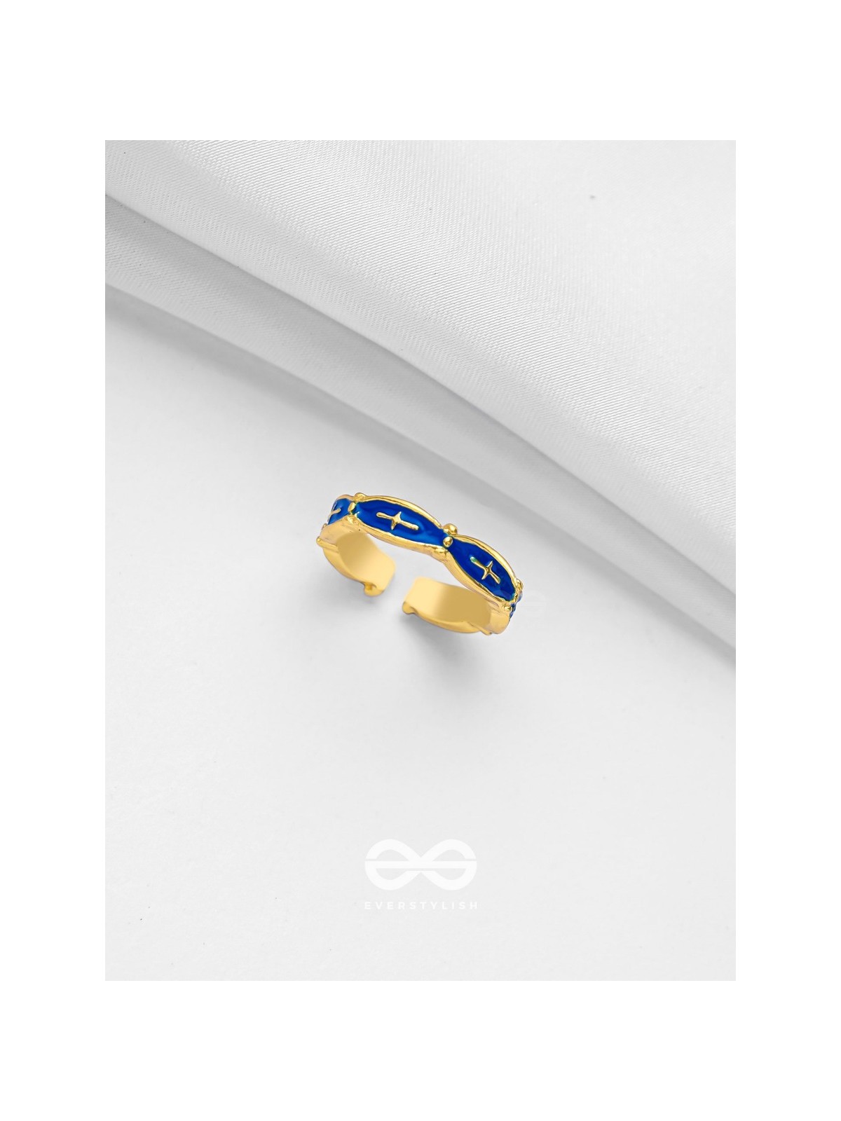 PRUSSIAN PROWESS - GOLDEN AND BLUE EMBELLISHED RING (ADJUSTABLE)