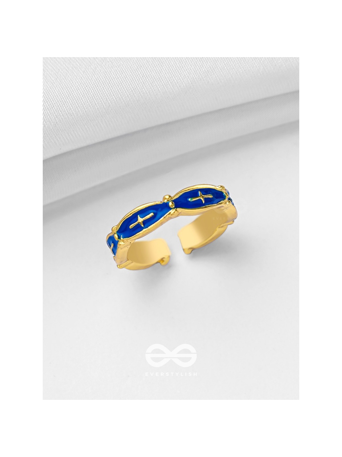 PRUSSIAN PROWESS - GOLDEN AND BLUE EMBELLISHED RING (ADJUSTABLE)