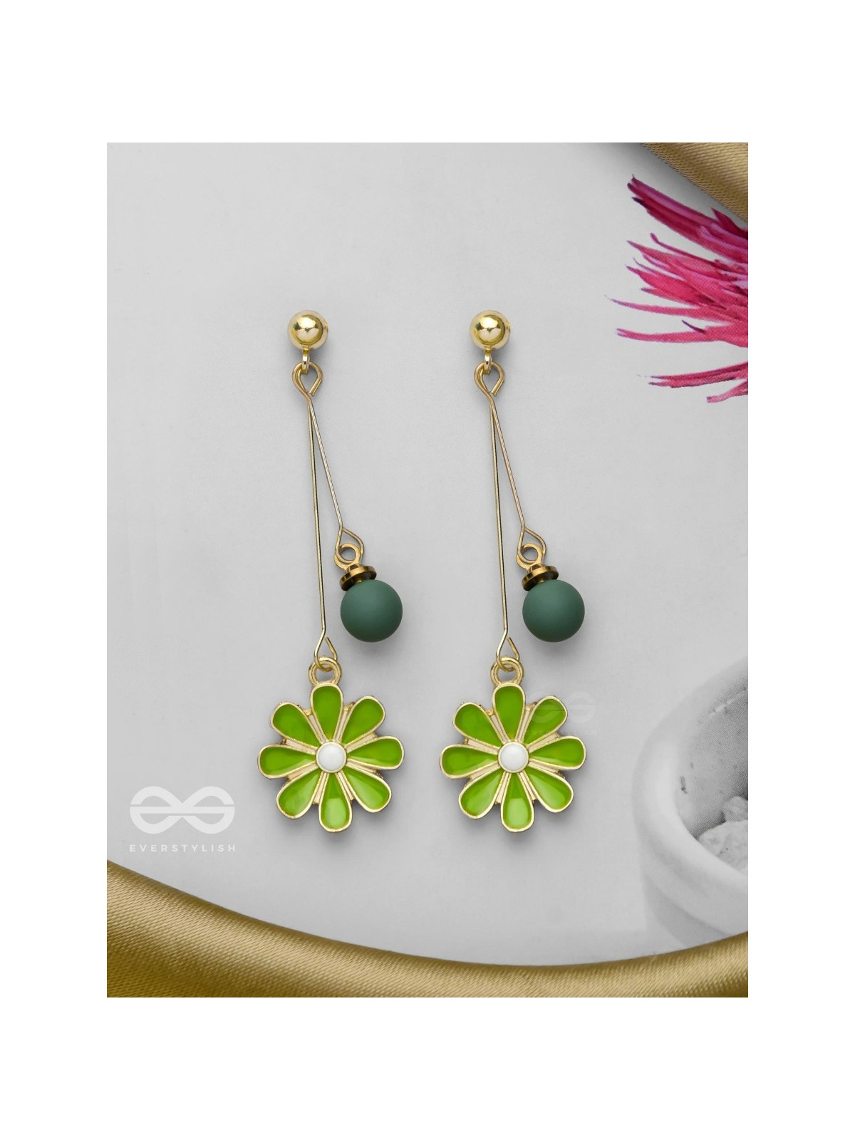 THE BLOSSOMING BEADS - GOLDEN EMBELLISHED EARRINGS (GREEN)