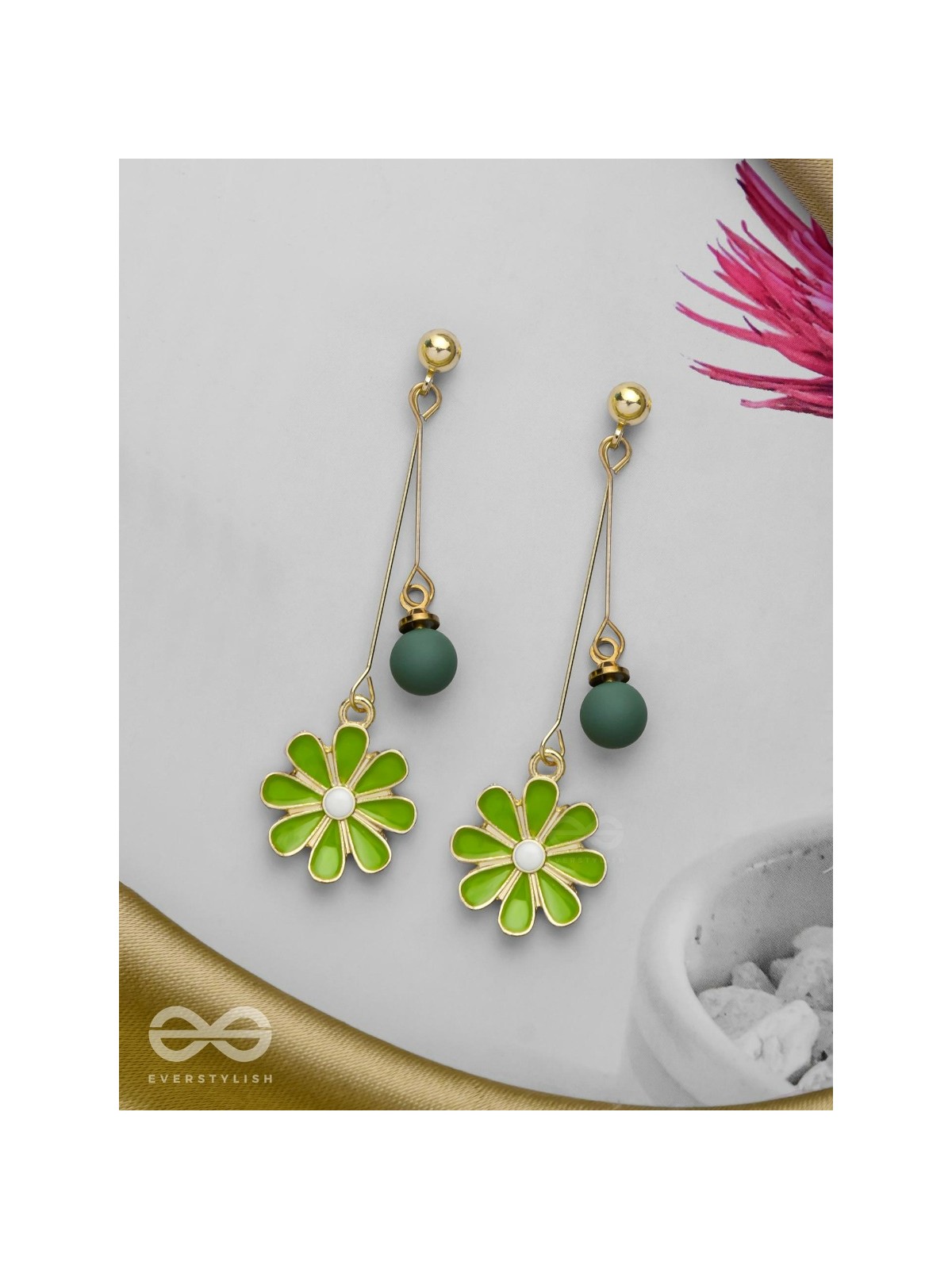 THE BLOSSOMING BEADS - GOLDEN EMBELLISHED EARRINGS (GREEN)