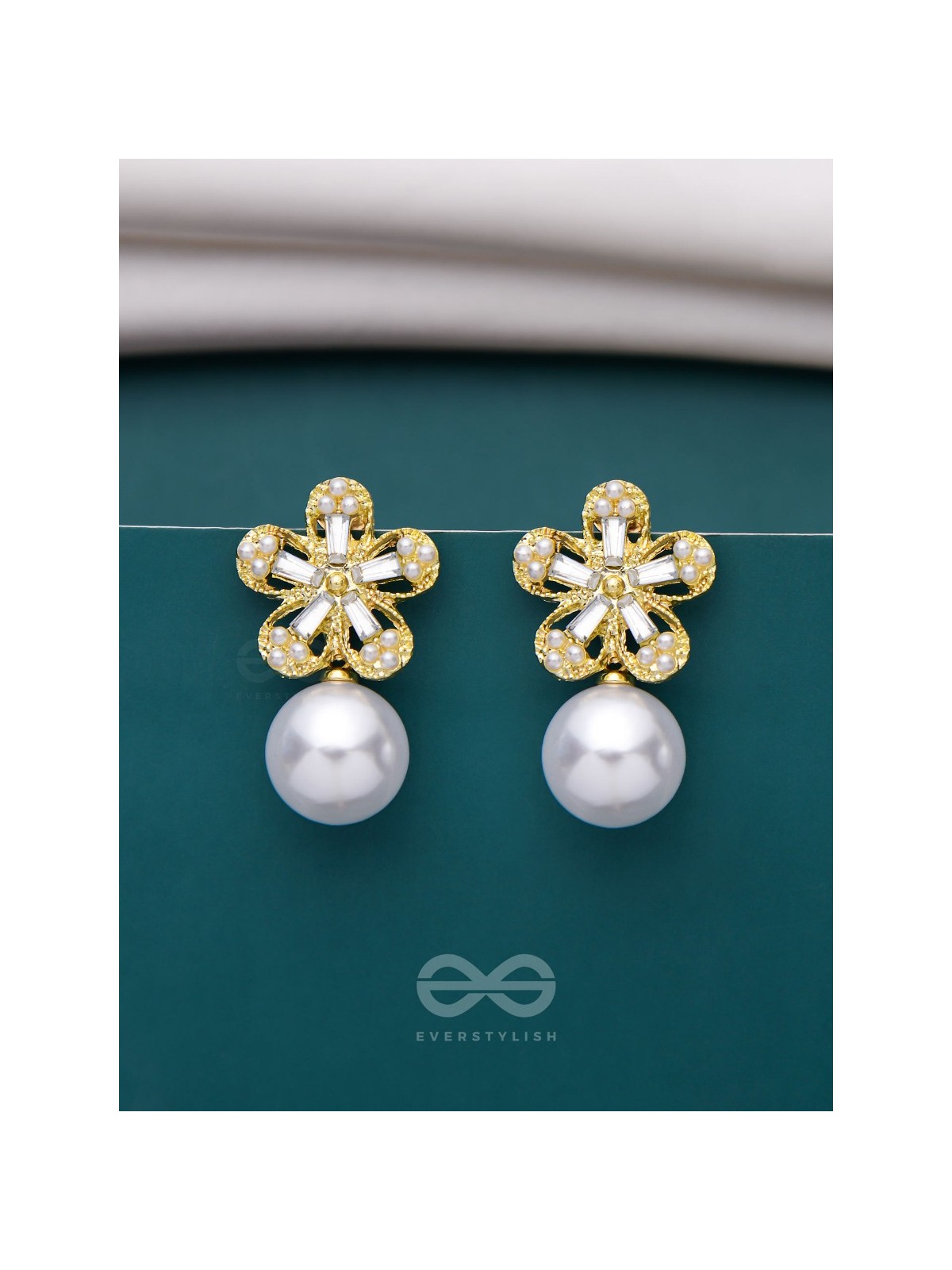 PEARL PETAL PARADISE - GOLDEN AND WHITE EMBELLISHED EARRINGS