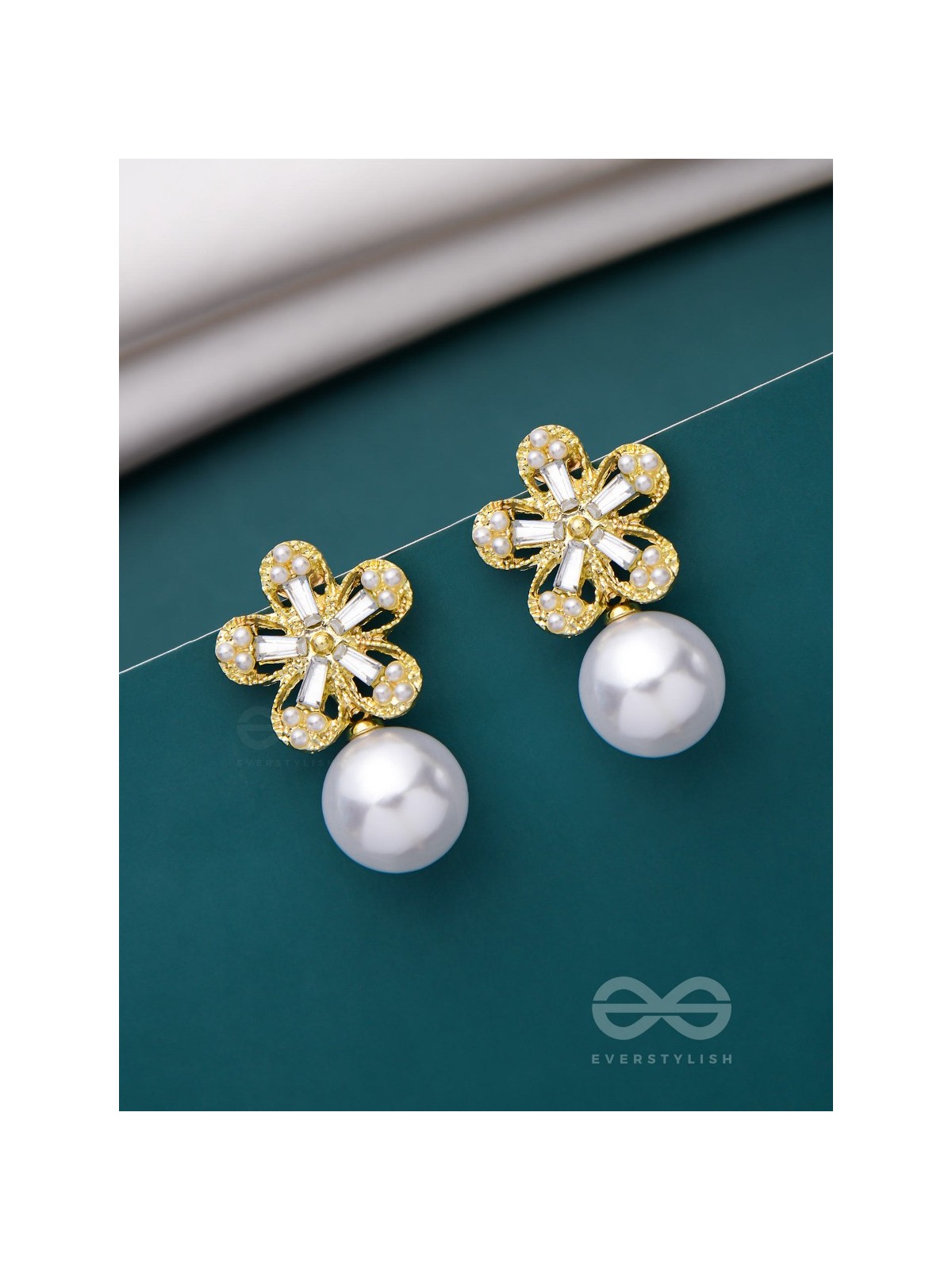 PEARL PETAL PARADISE - GOLDEN AND WHITE EMBELLISHED EARRINGS