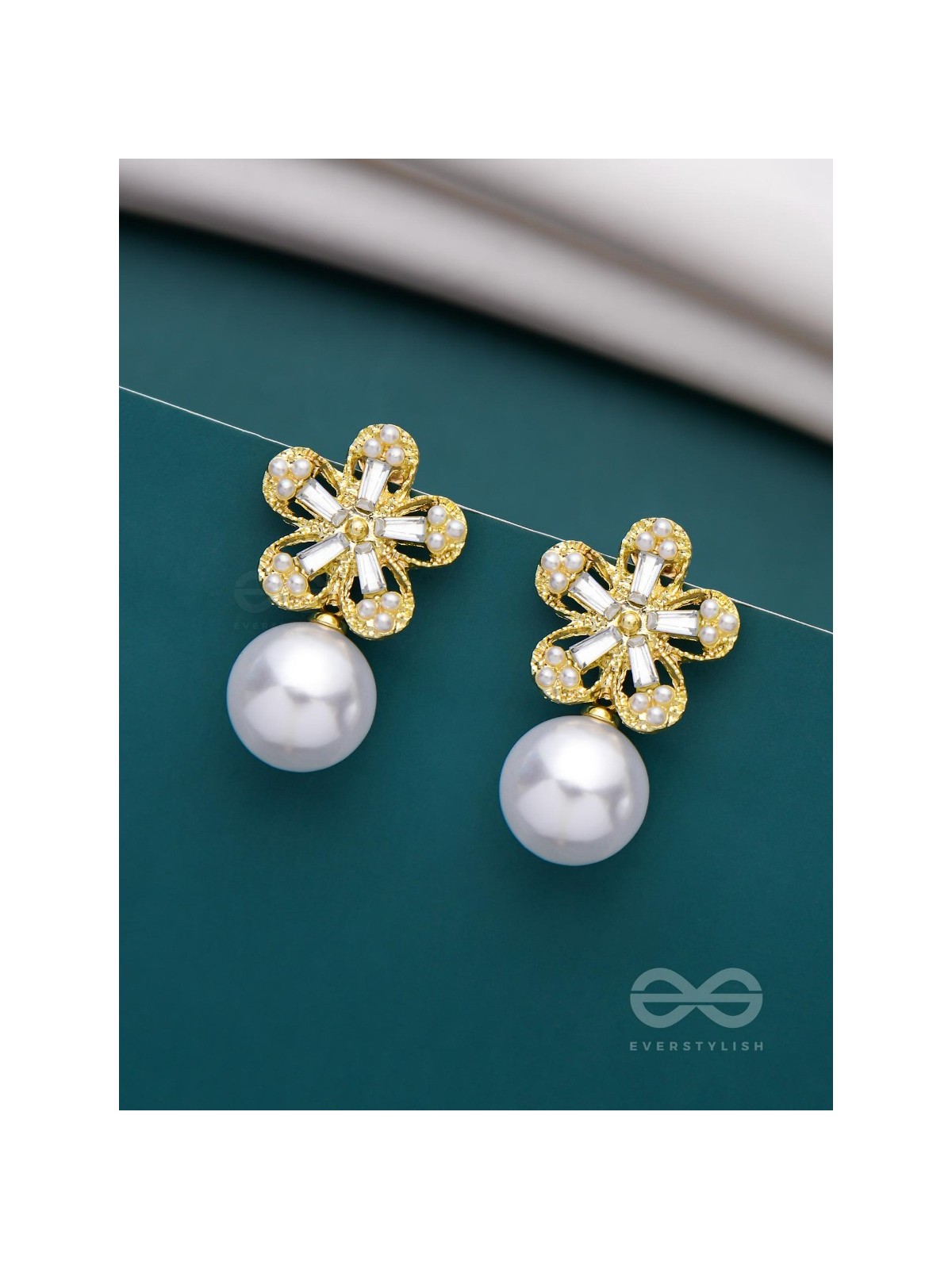 PEARL PETAL PARADISE - GOLDEN AND WHITE EMBELLISHED EARRINGS
