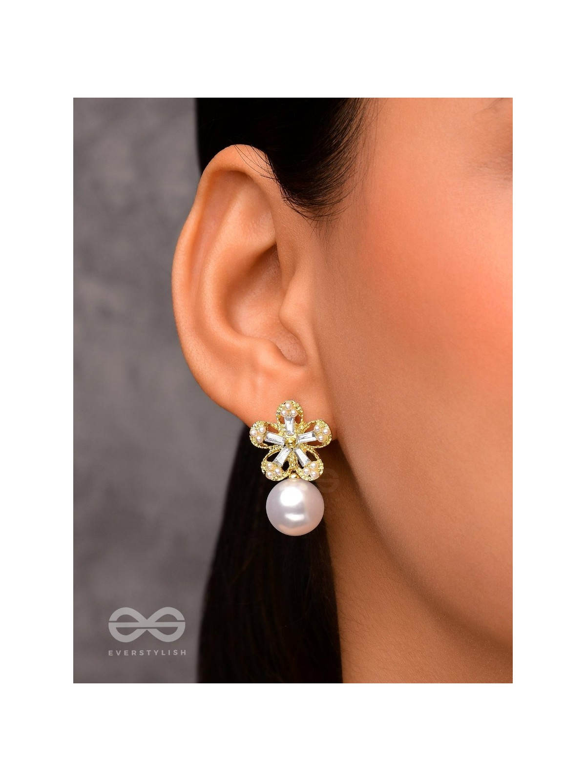 PEARL PETAL PARADISE - GOLDEN AND WHITE EMBELLISHED EARRINGS