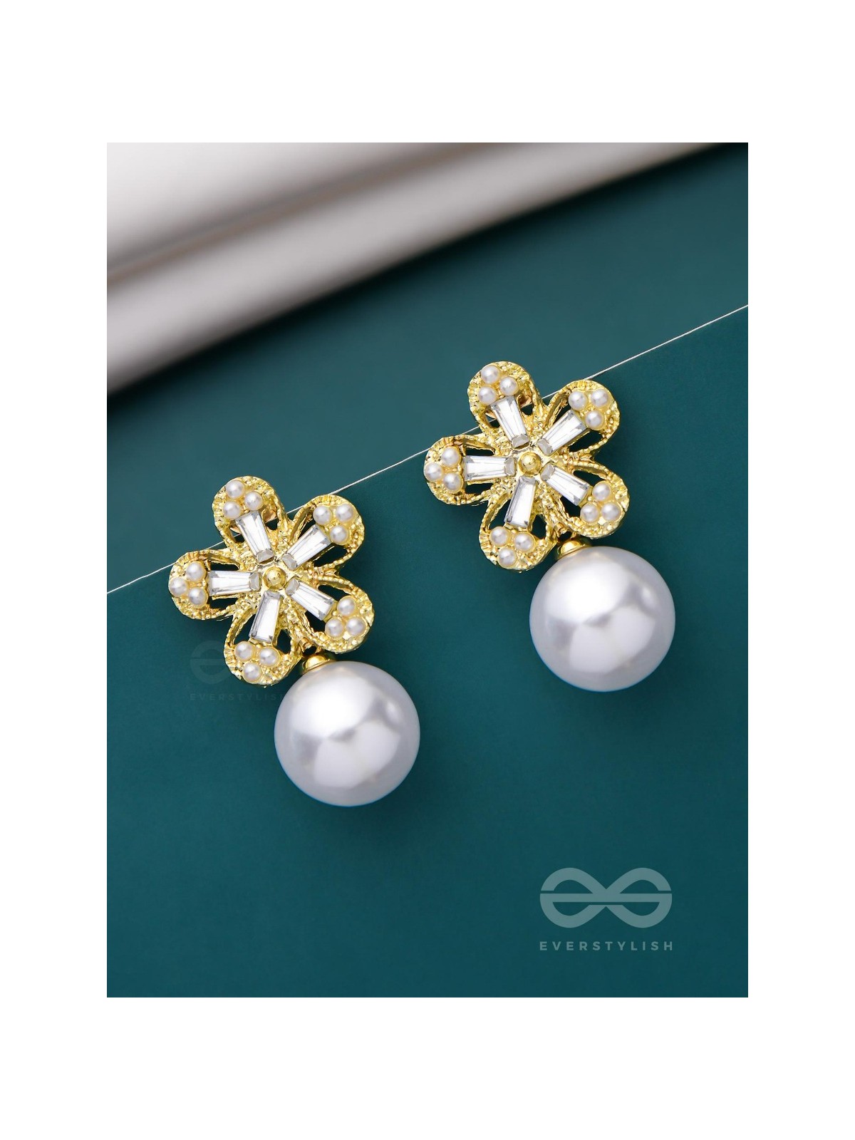 PEARL PETAL PARADISE - GOLDEN AND WHITE EMBELLISHED EARRINGS