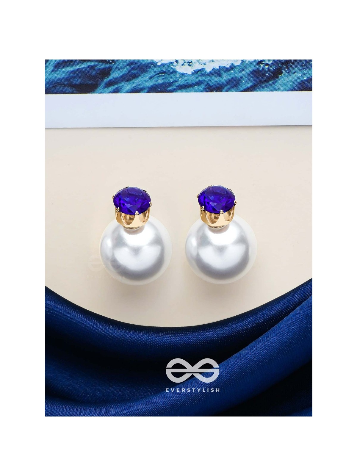 A MYSTIC PEARL - GOLDEN EMBELLISHED EARRINGS (DARK BLUE)
