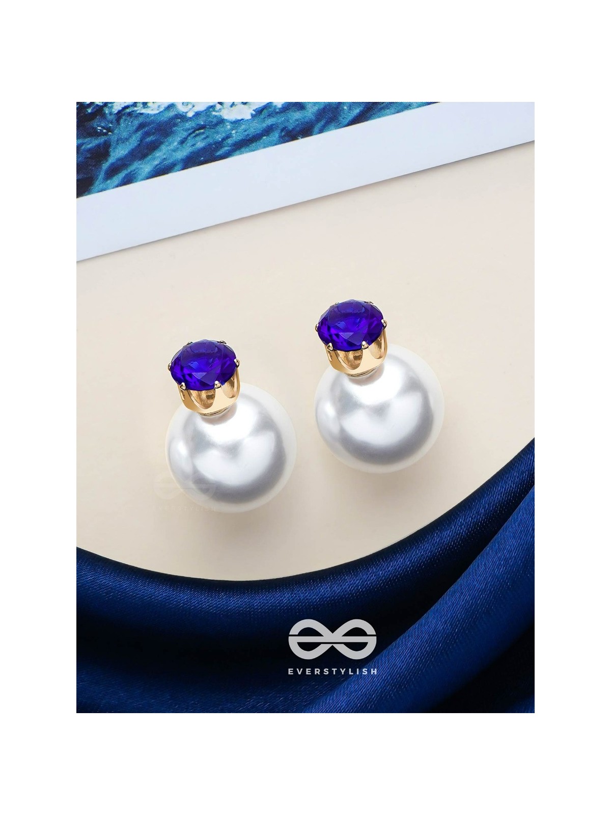A MYSTIC PEARL - GOLDEN EMBELLISHED EARRINGS (DARK BLUE)