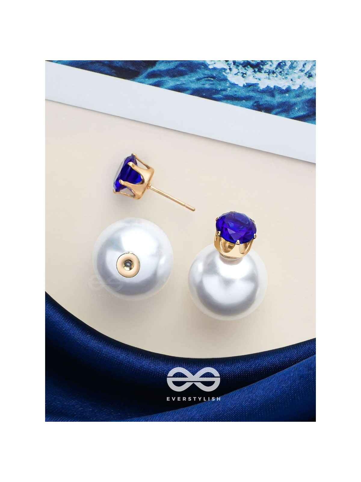 A MYSTIC PEARL - GOLDEN EMBELLISHED EARRINGS (DARK BLUE)