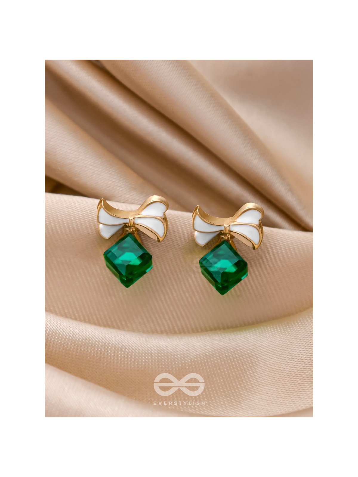 MINGLING MARVELS - GOLDEN AND GREEN EMBELLISHED STUD EARRINGS