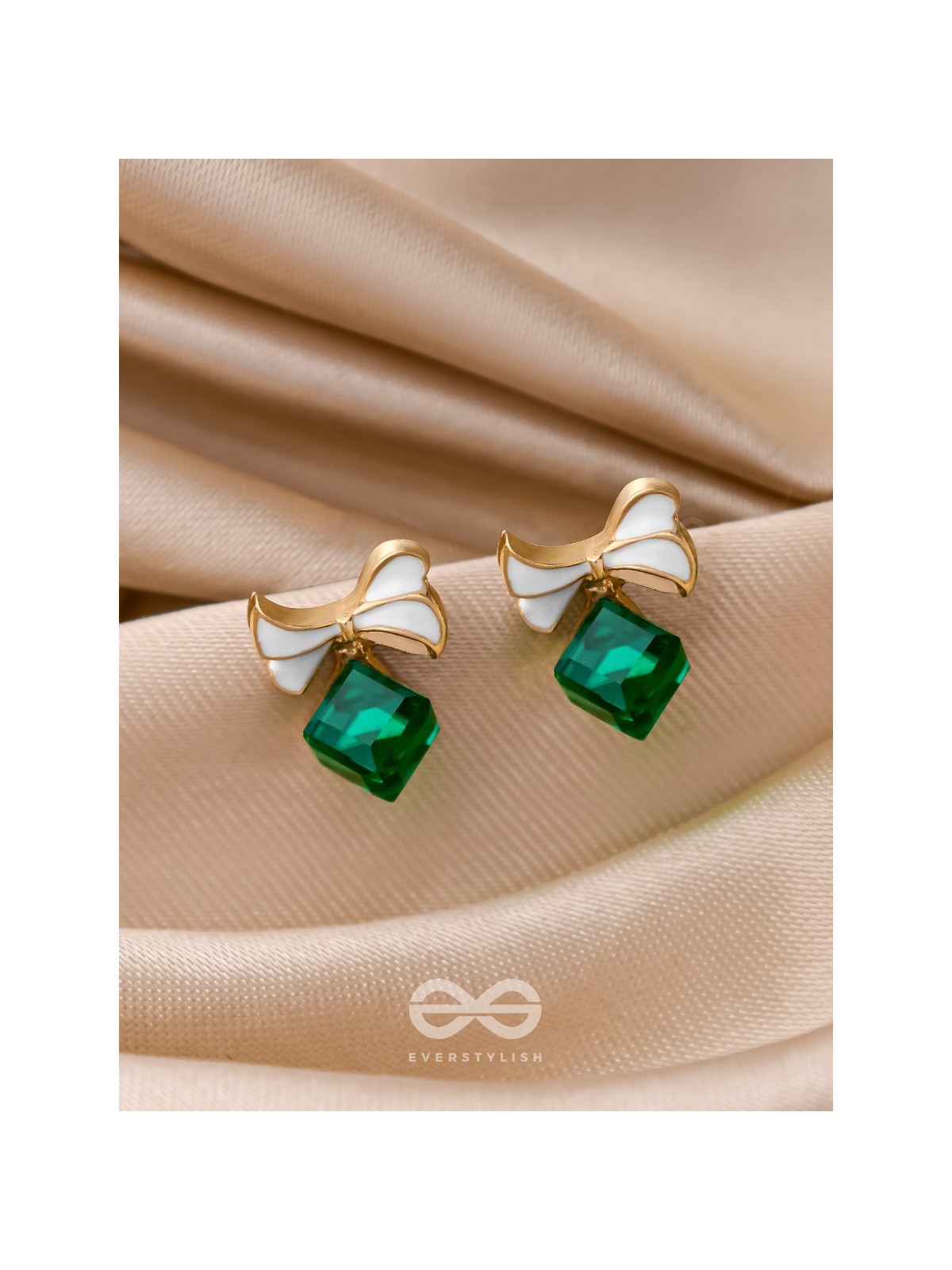 MINGLING MARVELS - GOLDEN AND GREEN EMBELLISHED STUD EARRINGS