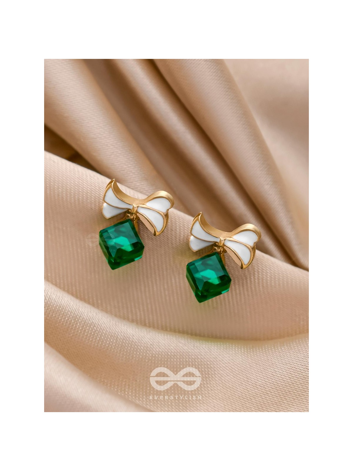 MINGLING MARVELS - GOLDEN AND GREEN EMBELLISHED STUD EARRINGS