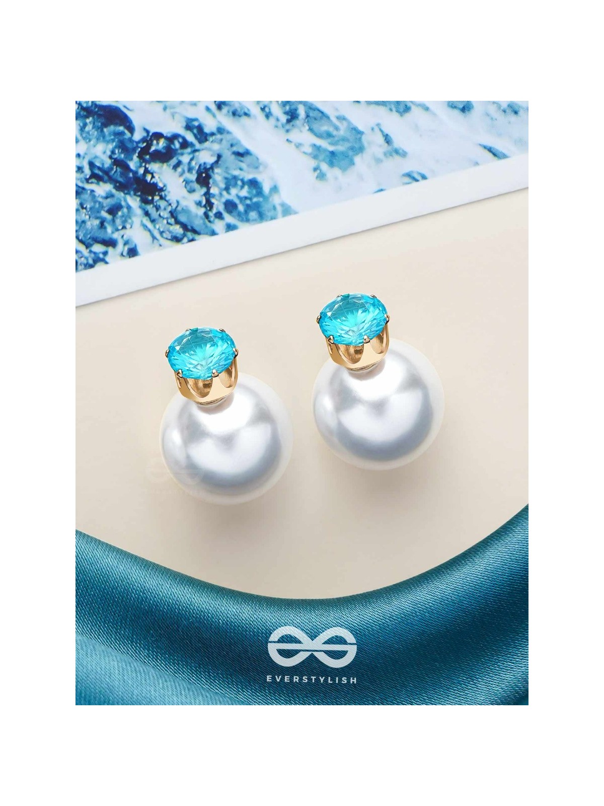 A MYSTIC PEARL - GOLDEN EMBELLISHED EARRINGS (LIGHT BLUE)
