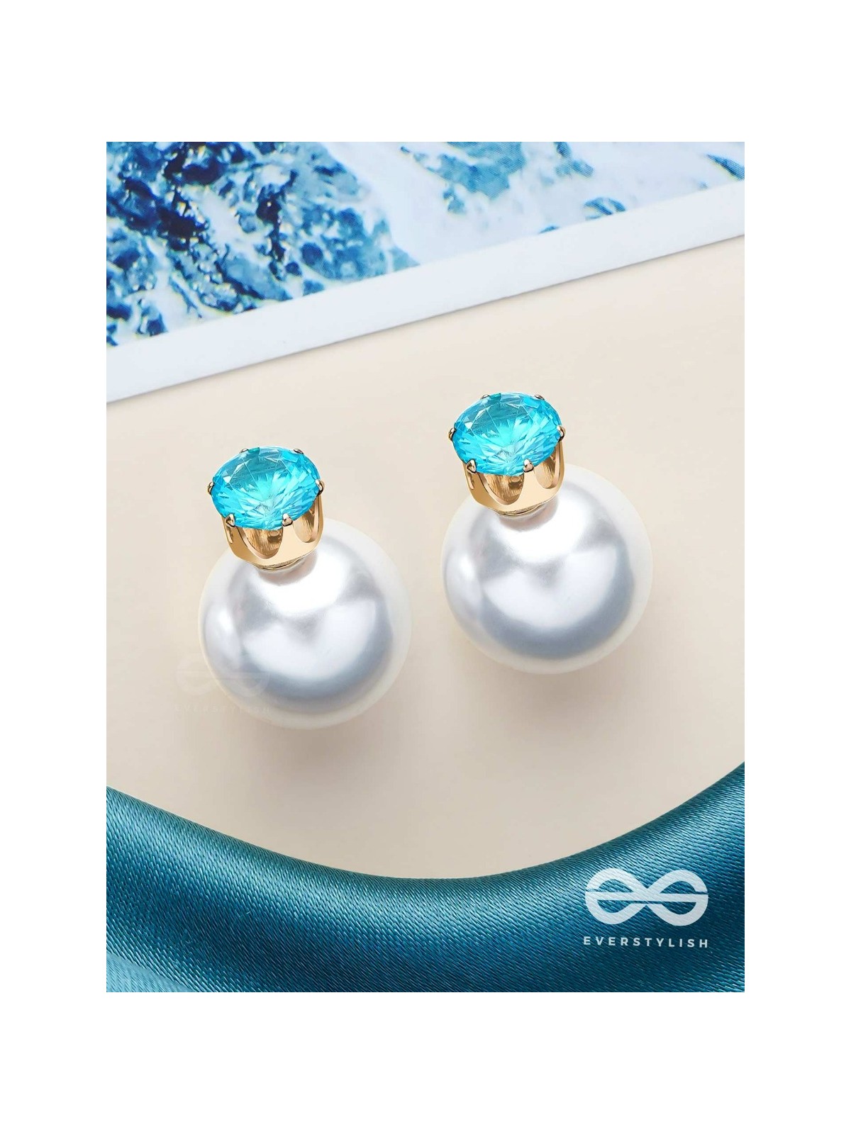 A MYSTIC PEARL - GOLDEN EMBELLISHED EARRINGS (LIGHT BLUE)