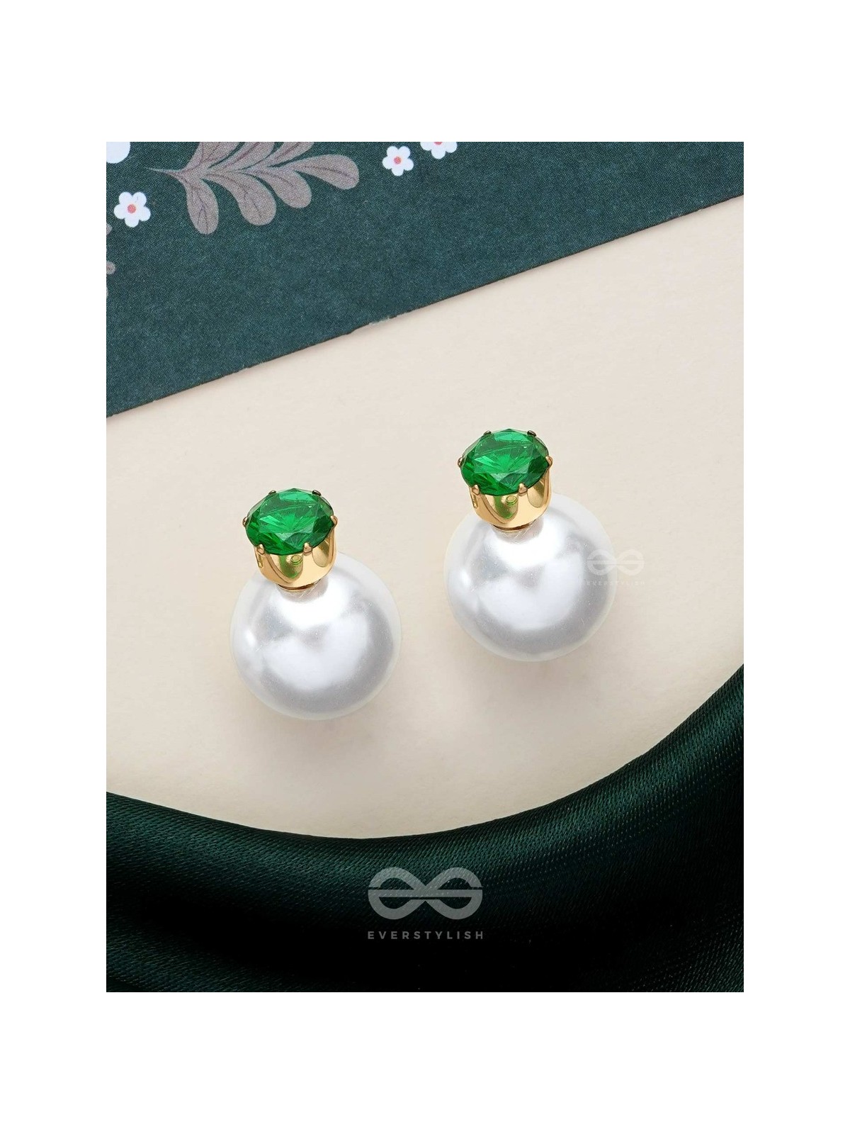 A MYSTIC PEARL - GOLDEN EMBELLISHED EARRINGS (GREEN)