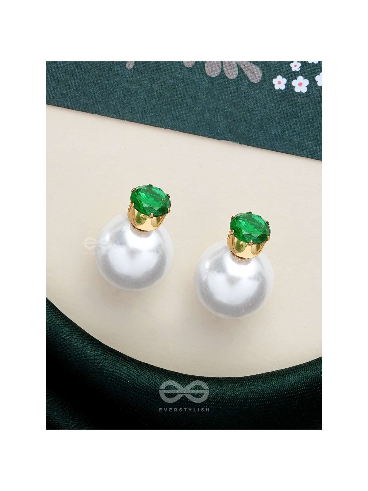 A MYSTIC PEARL - GOLDEN EMBELLISHED EARRINGS (GREEN)