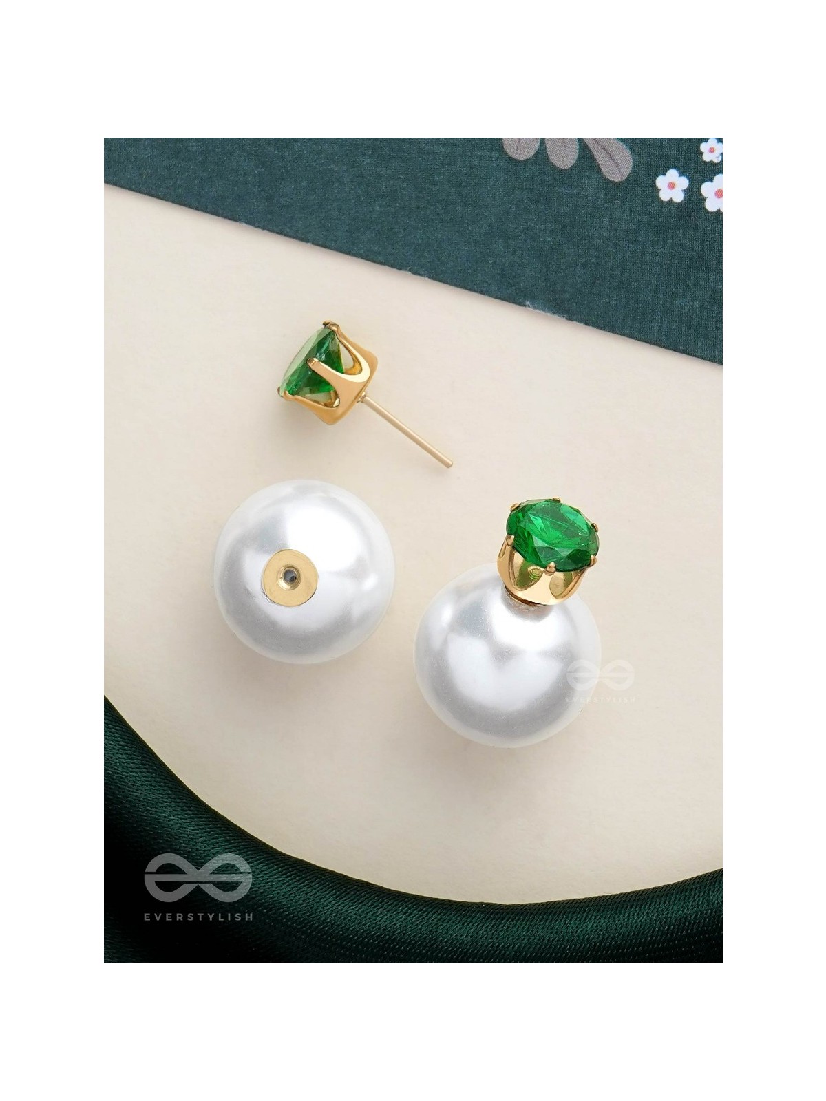 A MYSTIC PEARL - GOLDEN EMBELLISHED EARRINGS (GREEN)