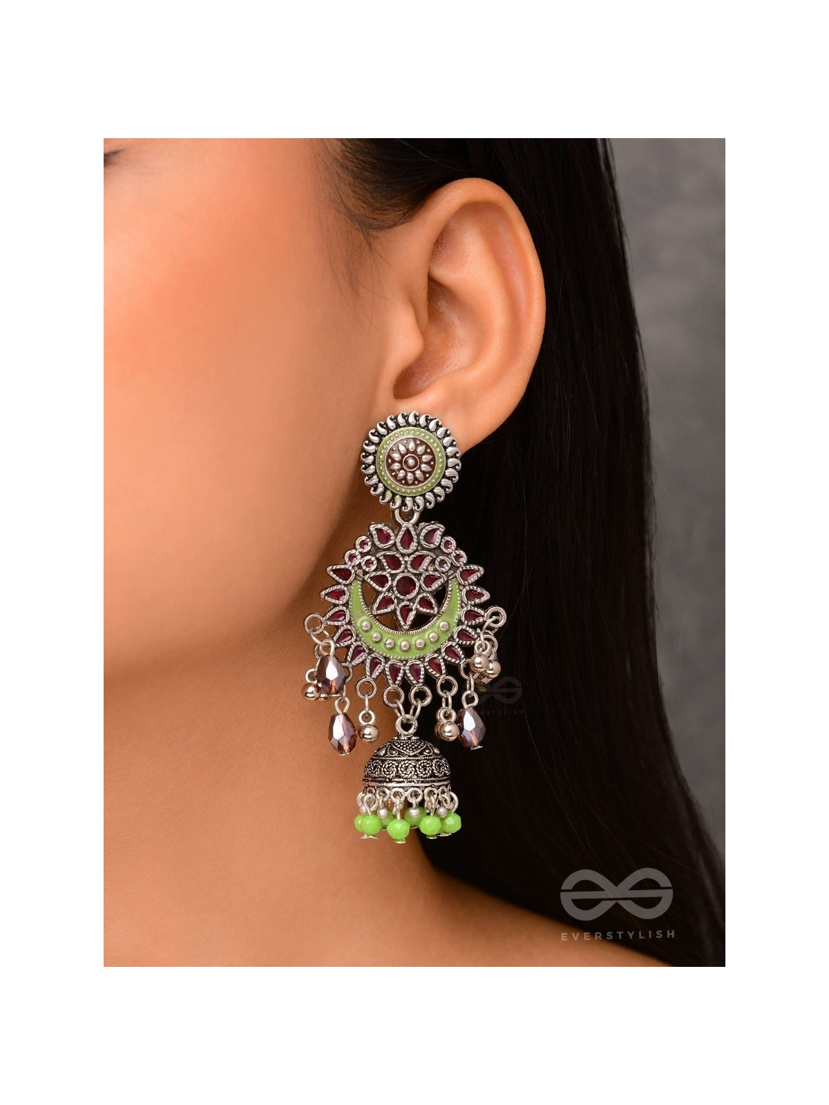 The Ruby Meadows - Statement Enamelled And Oxidised Jhumka Earrings