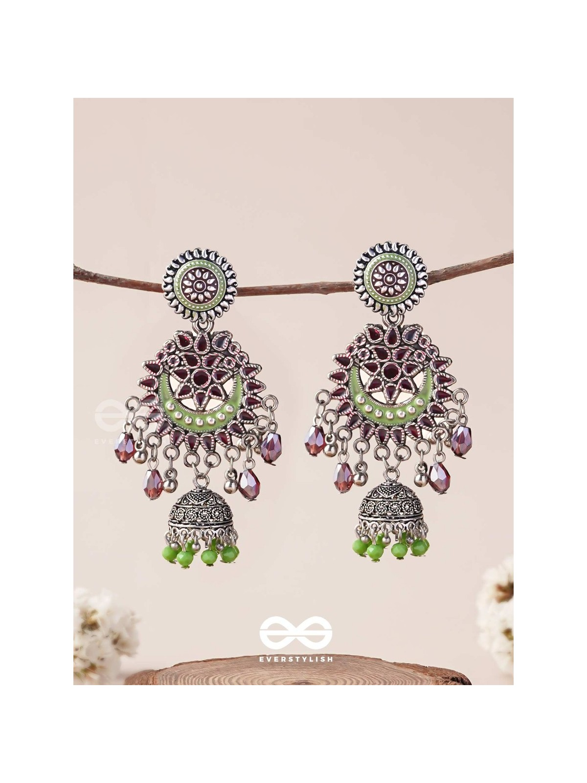 The Ruby Meadows - Statement Enamelled And Oxidised Jhumka Earrings