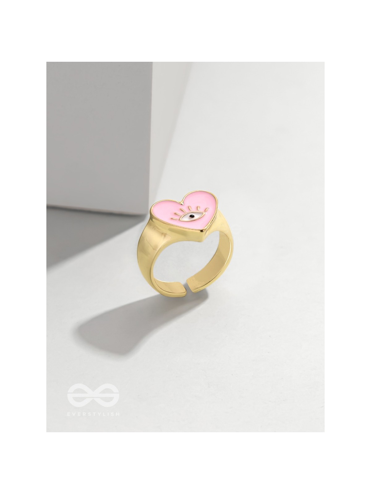 Eye Heart You - Pink Enamelled Golden Ring (Adjustable)