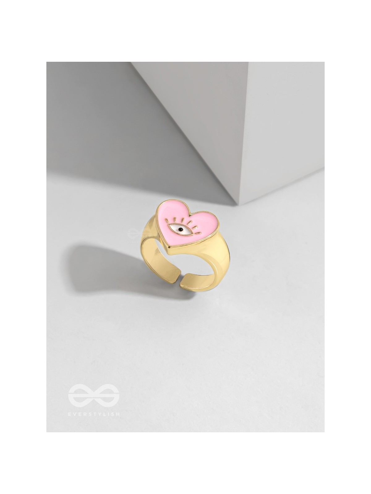 Eye Heart You - Pink Enamelled Golden Ring (Adjustable)