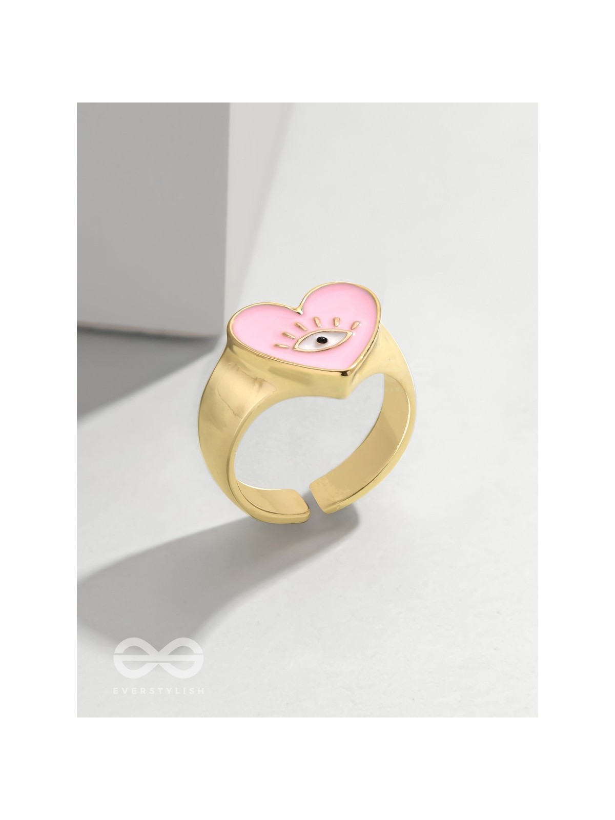 Eye Heart You - Pink Enamelled Golden Ring (Adjustable)