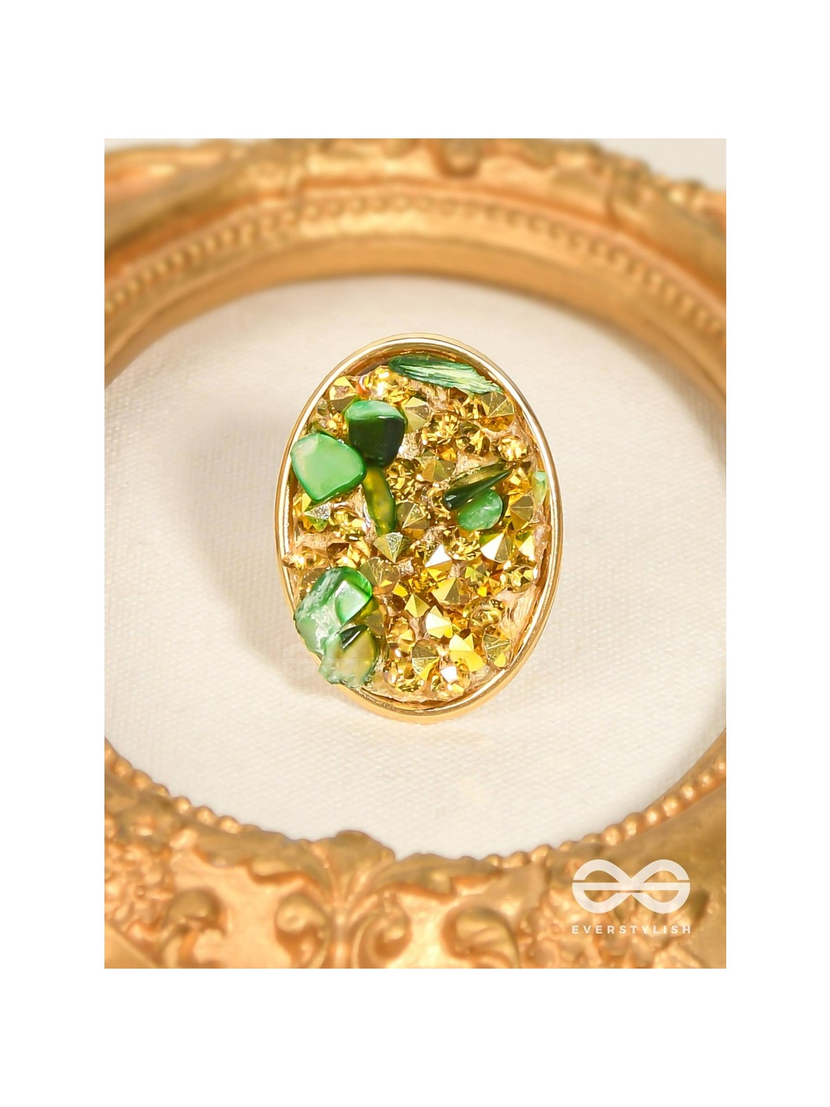 Sparkles & Stones  - Golden Embellished Ring (Green) (Adjustable)