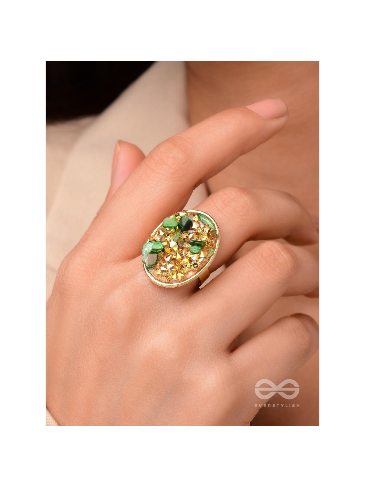 Sparkles & Stones  - Golden Embellished Ring (Green) (Adjustable)