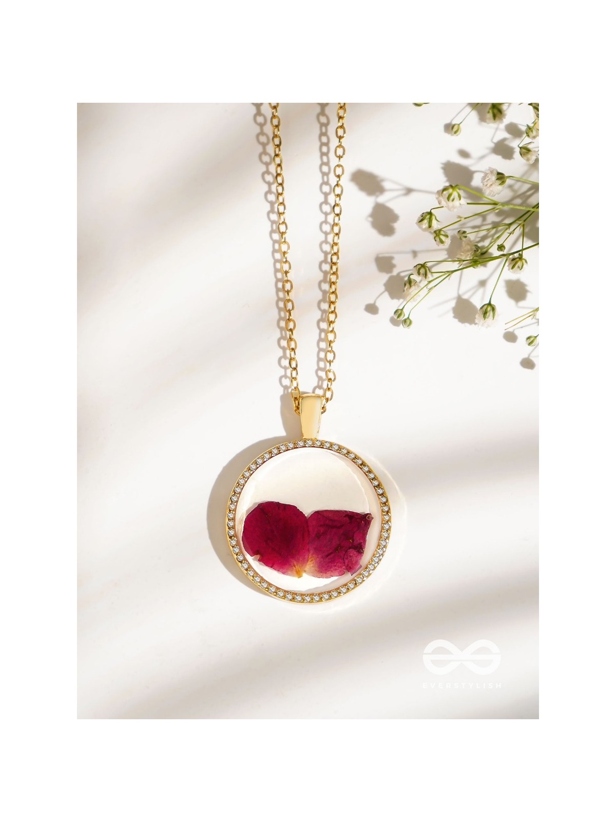 Bloom And Blush - Pressed Flowe Resin Pendant With Anti-Tarnish Coating 