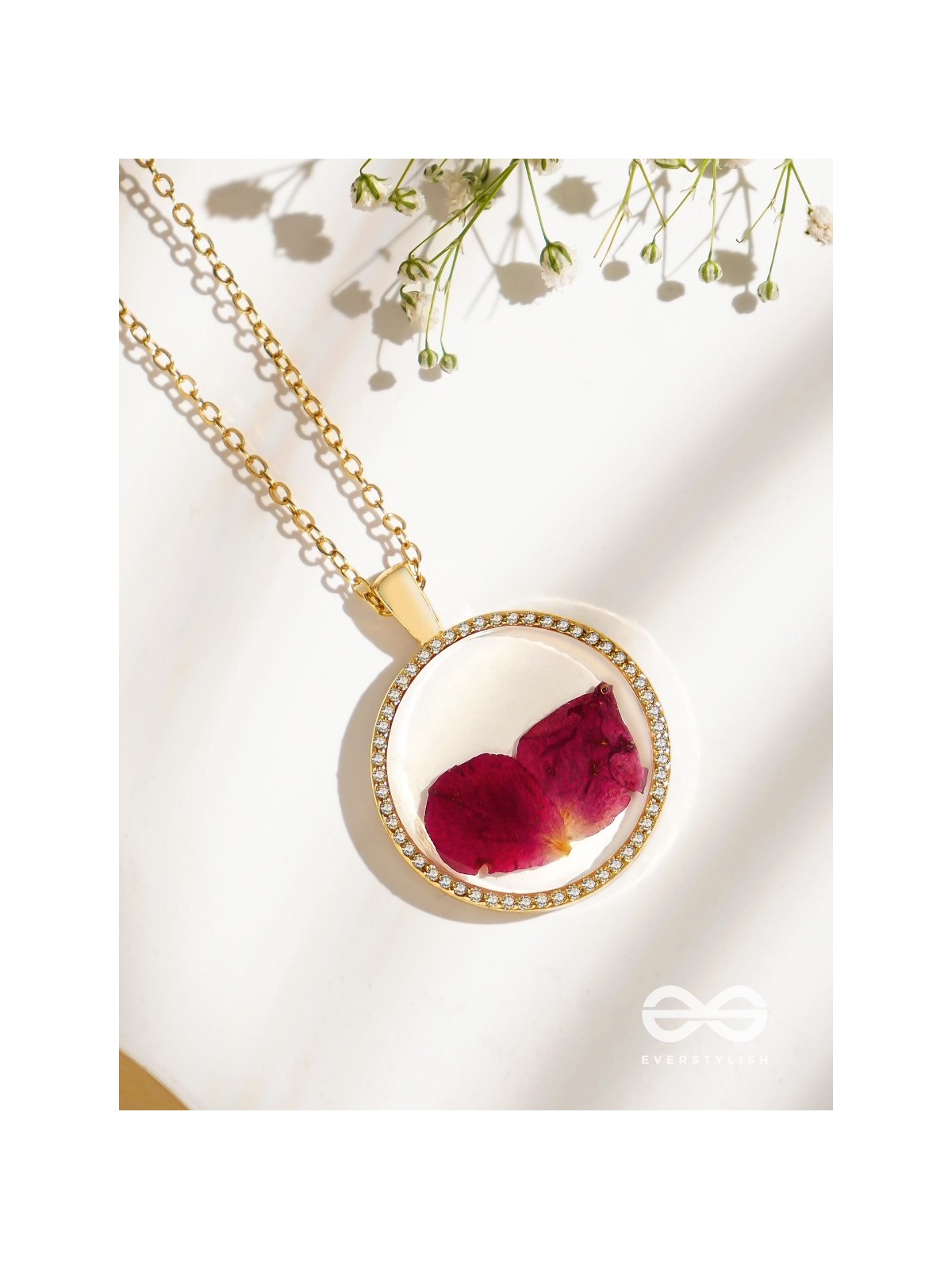 Bloom And Blush - Pressed Flowe Resin Pendant With Anti-Tarnish Coating 