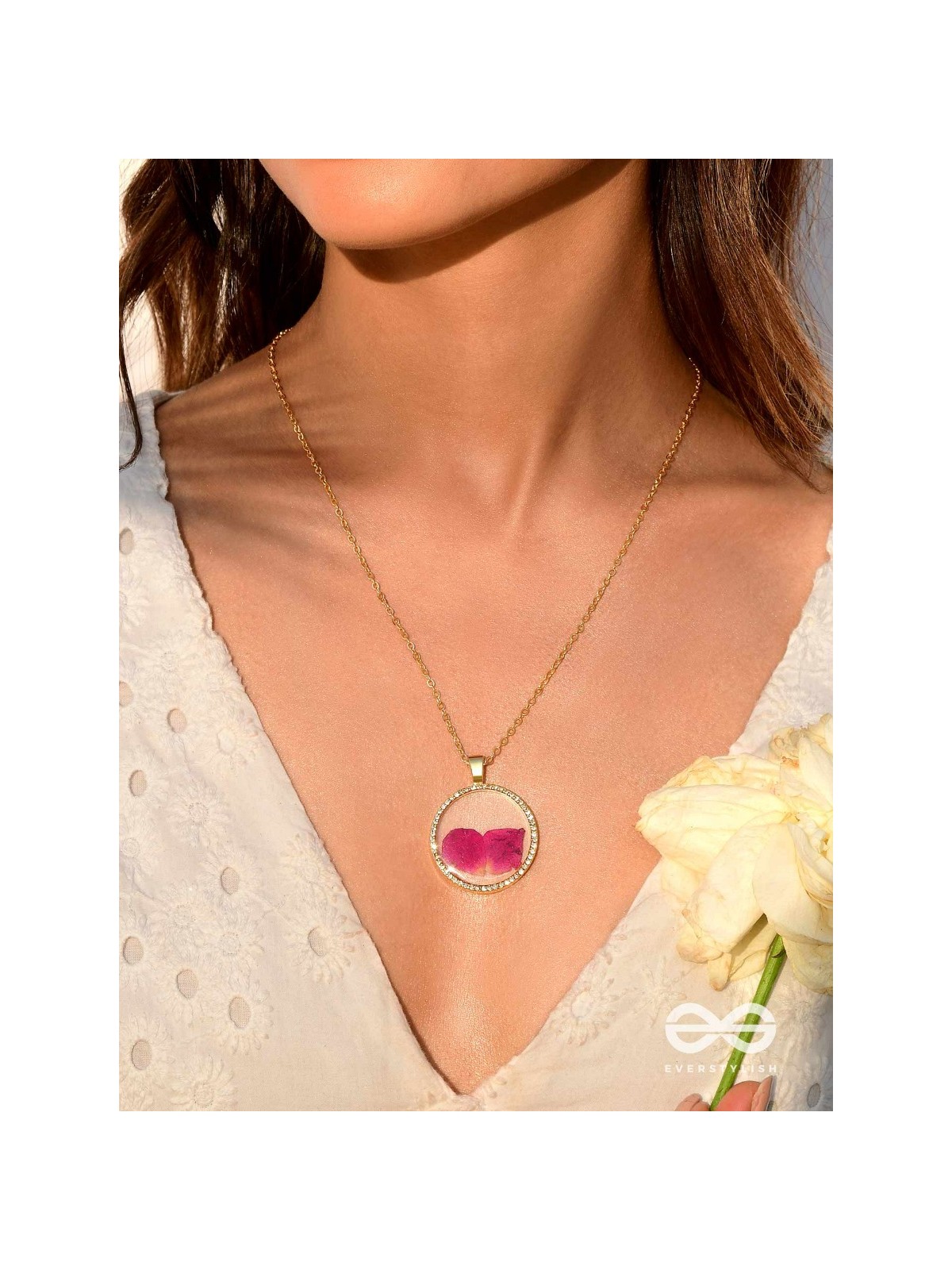 Bloom And Blush - Pressed Flowe Resin Pendant With Anti-Tarnish Coating 