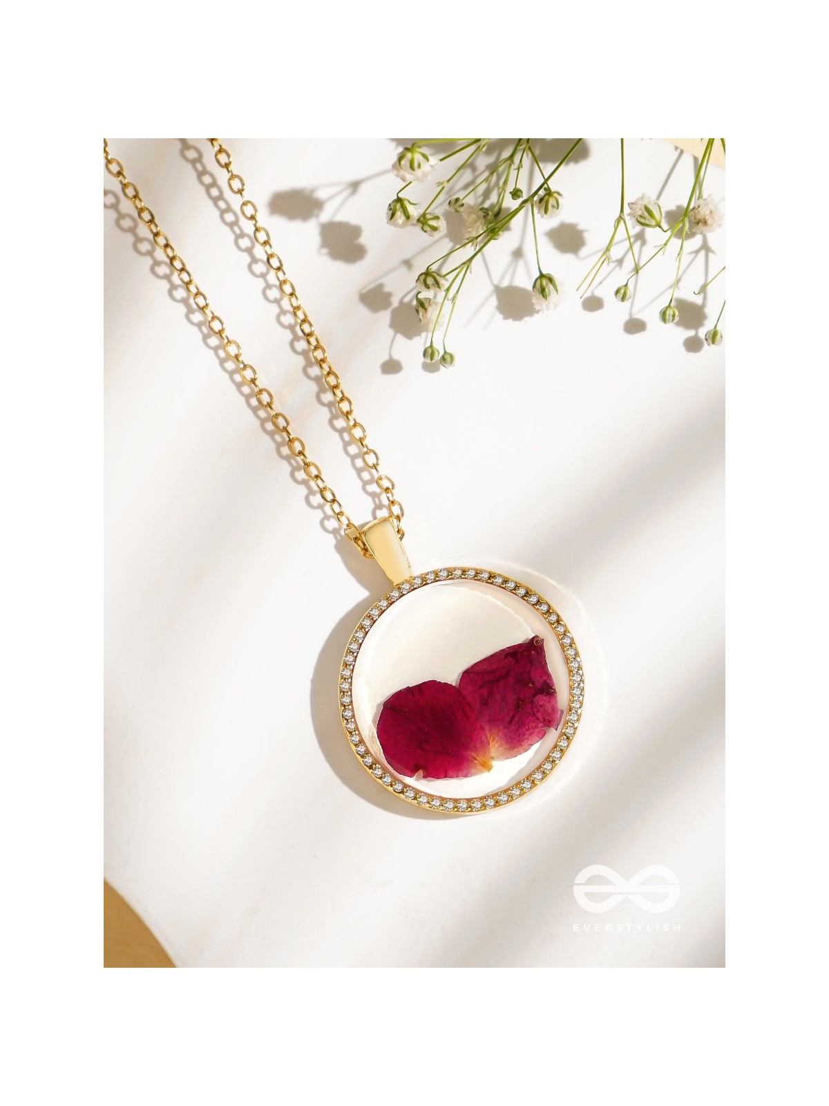 Bloom And Blush - Pressed Flowe Resin Pendant With Anti-Tarnish Coating 
