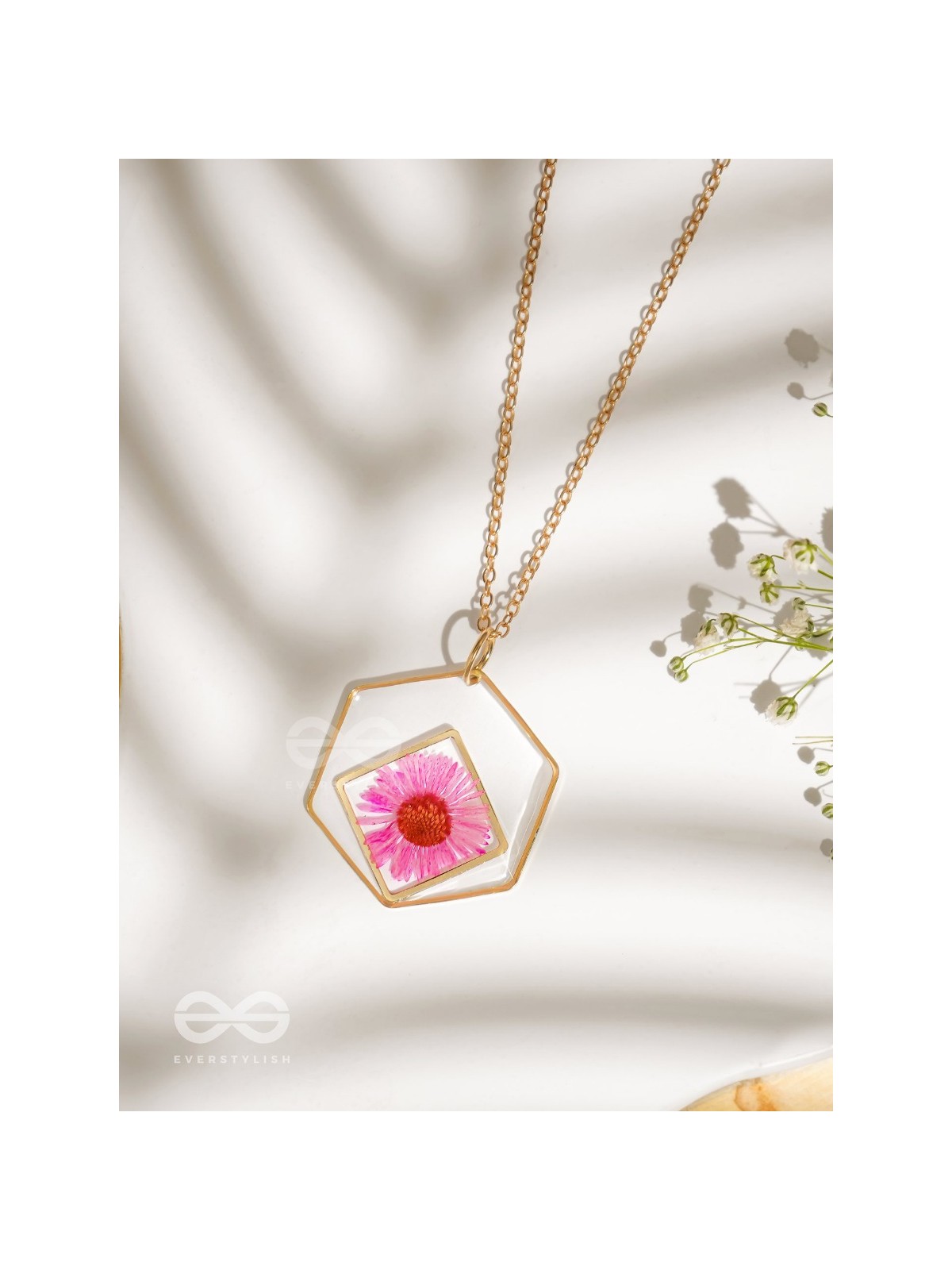 Charm Of Primrose - Pressed Flower Resin Pendant With Anti-Tarnish Coating 