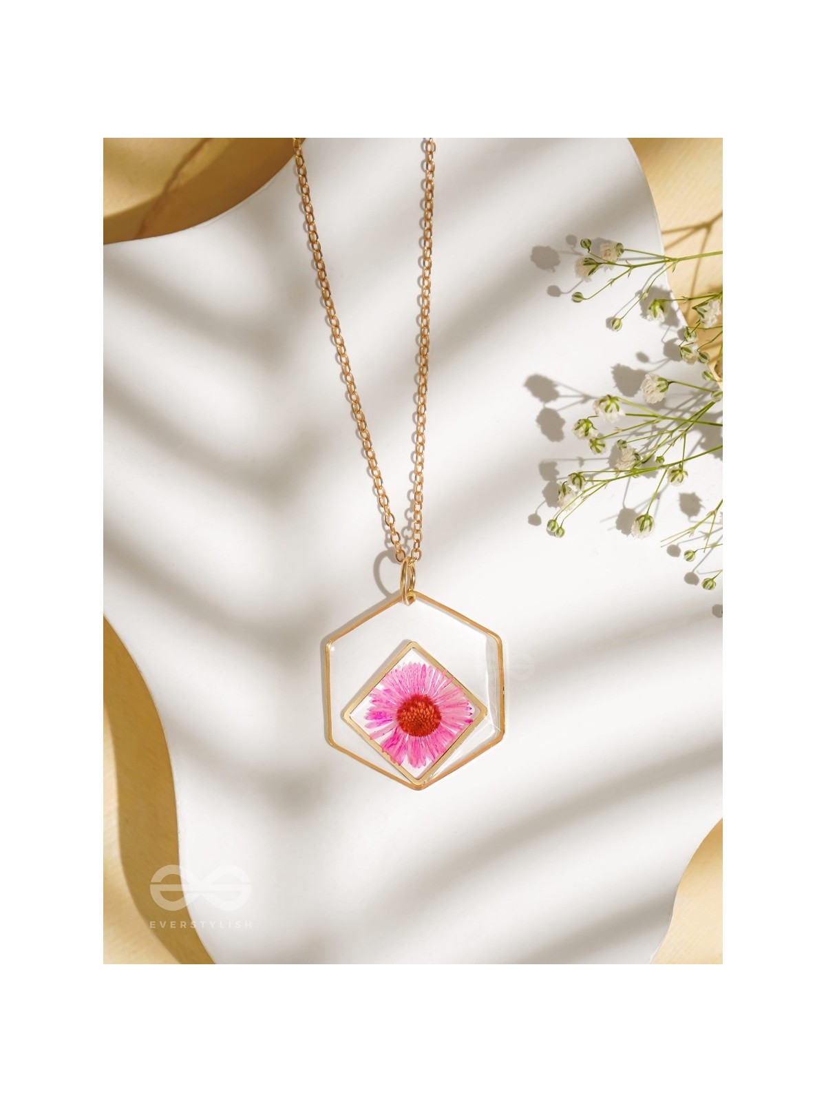 Charm Of Primrose - Pressed Flower Resin Pendant With Anti-Tarnish Coating 