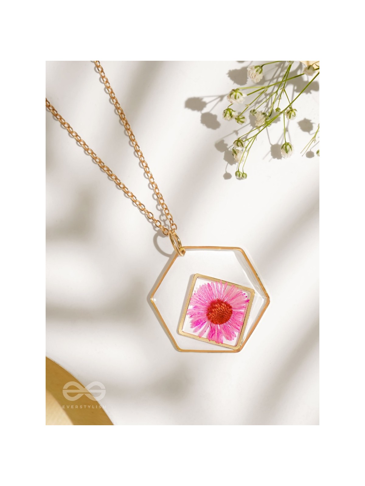 Charm Of Primrose - Pressed Flower Resin Pendant With Anti-Tarnish Coating 