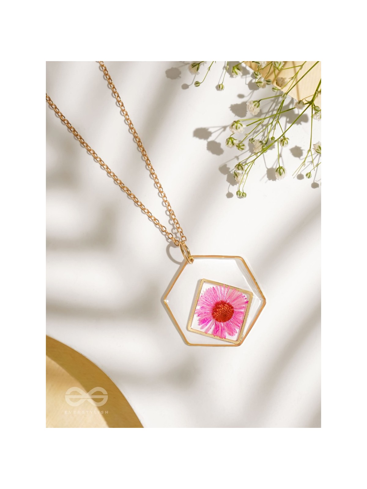 Charm Of Primrose - Pressed Flower Resin Pendant With Anti-Tarnish Coating 