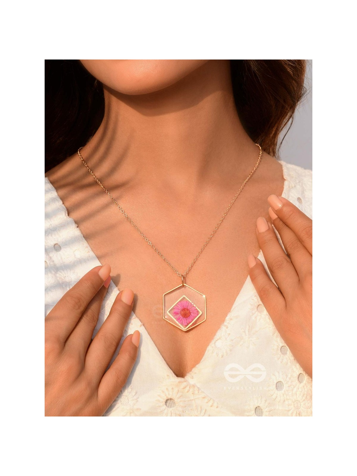 Charm Of Primrose - Pressed Flower Resin Pendant With Anti-Tarnish Coating 