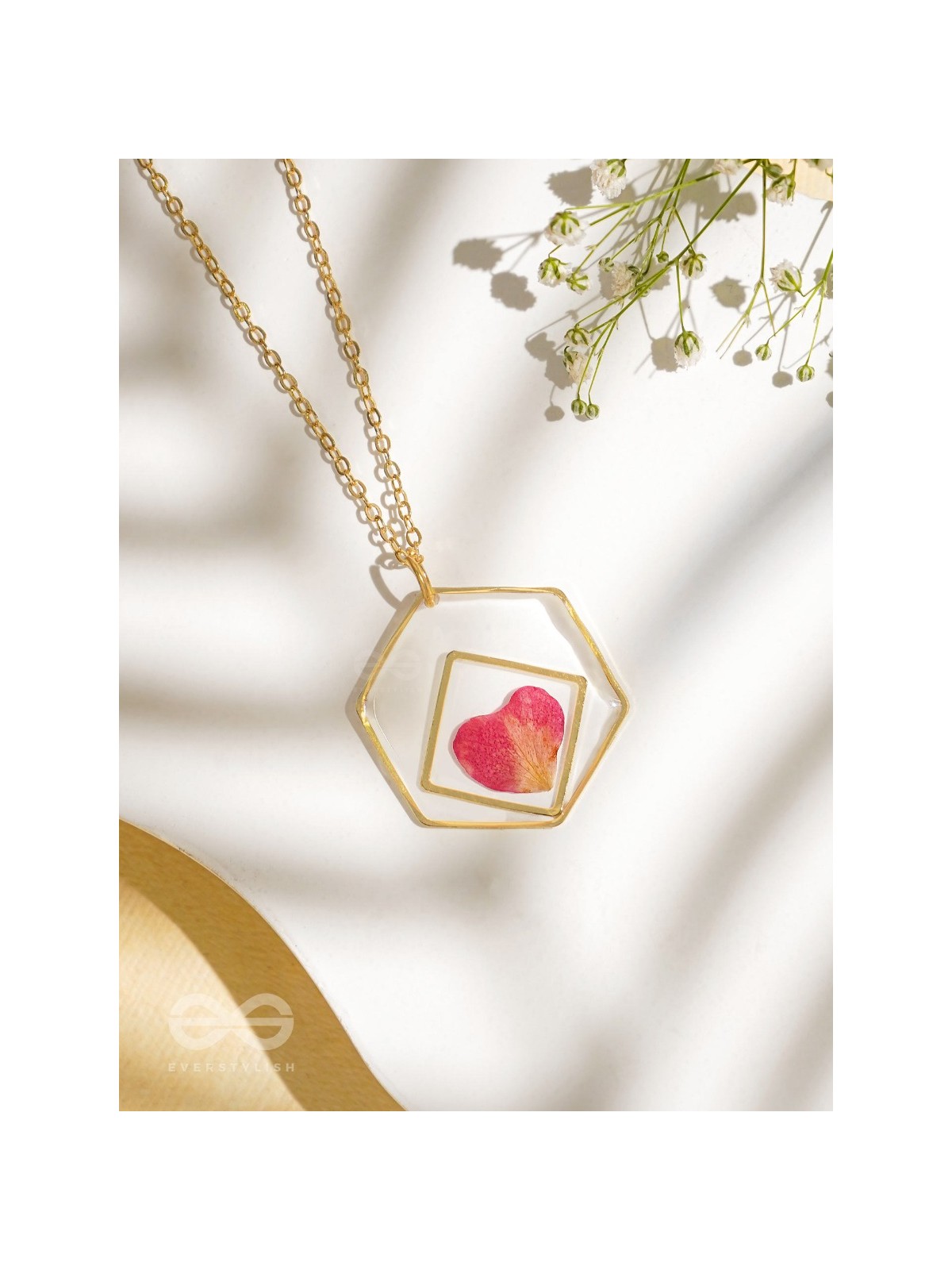 Heart Of Rose - Pressed Flower Resin Pendant With Anti-Tarnish Coating 