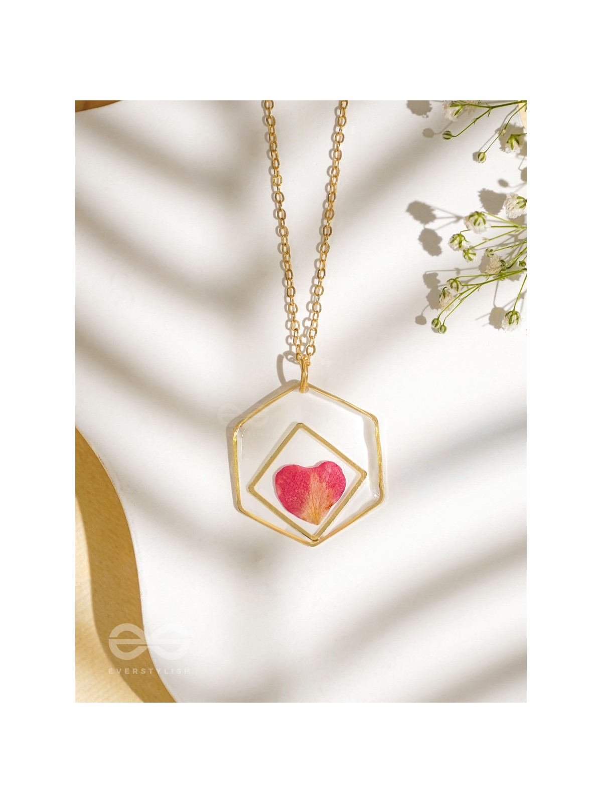 Heart Of Rose - Pressed Flower Resin Pendant With Anti-Tarnish Coating 
