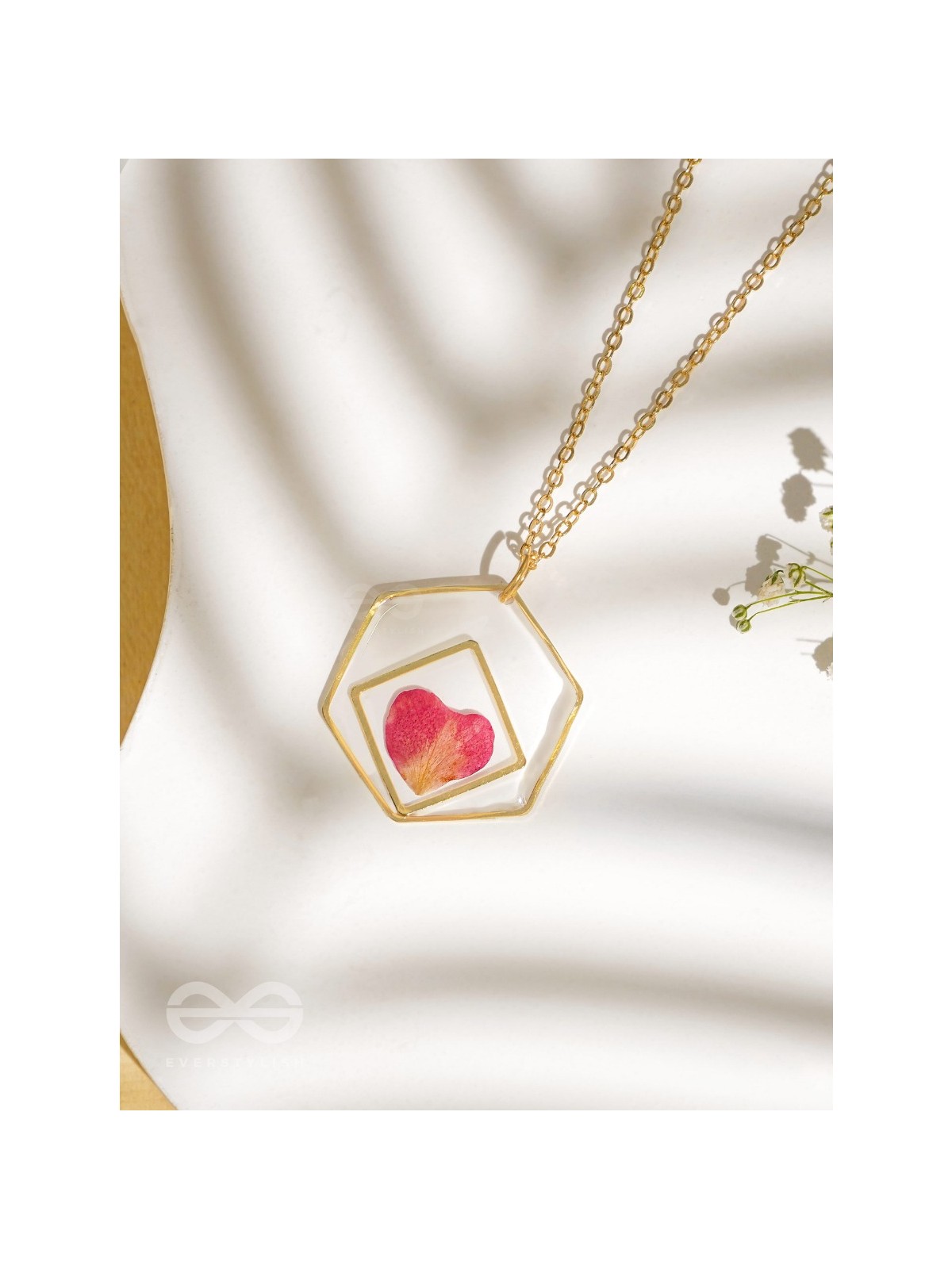 Heart Of Rose - Pressed Flower Resin Pendant With Anti-Tarnish Coating 