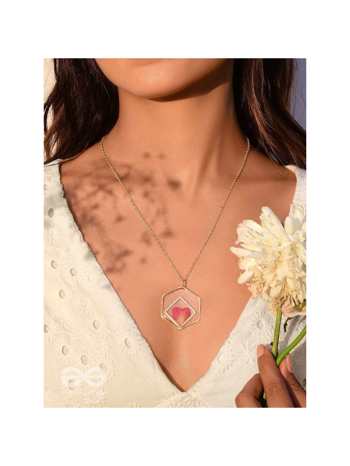 Heart Of Rose - Pressed Flower Resin Pendant With Anti-Tarnish Coating 