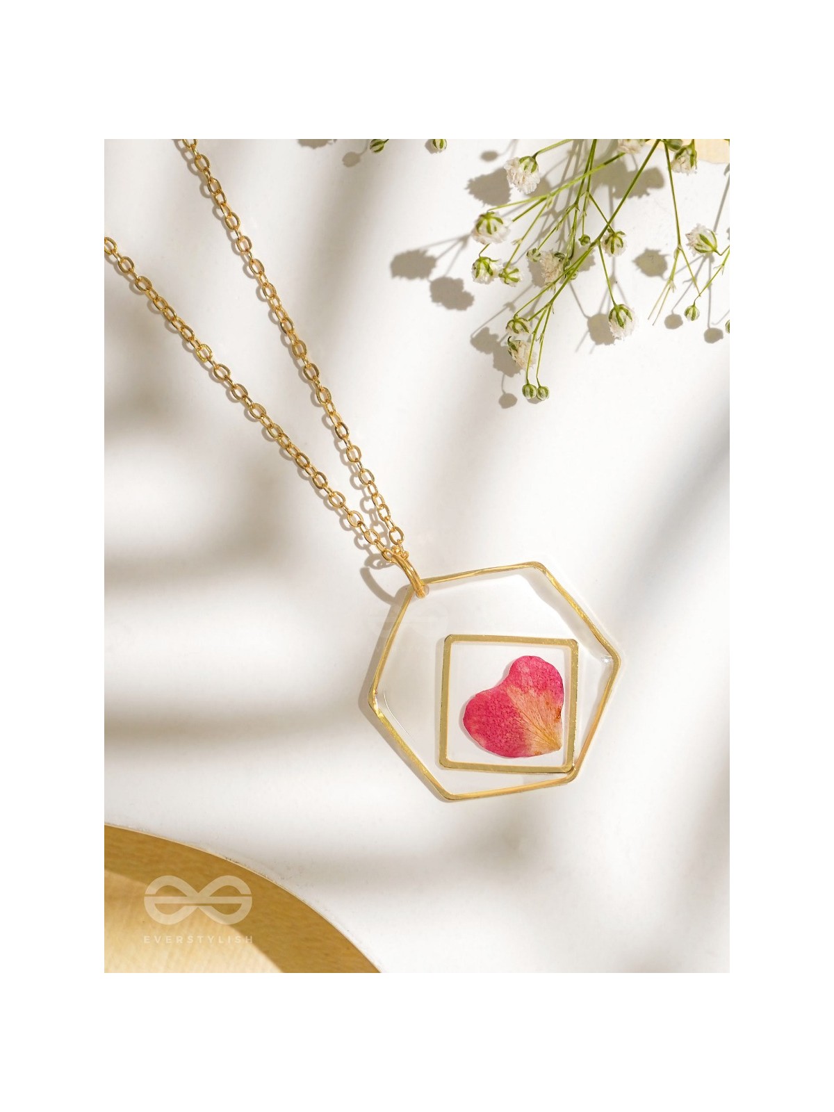 Heart Of Rose - Pressed Flower Resin Pendant With Anti-Tarnish Coating 