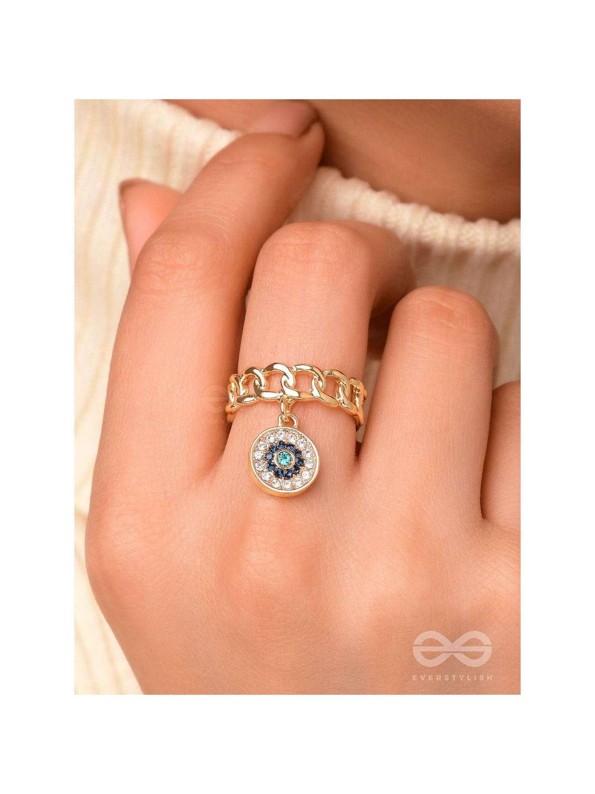 Bedazzled Gaze - Golden Embellished Charm Ring (Adjustable)