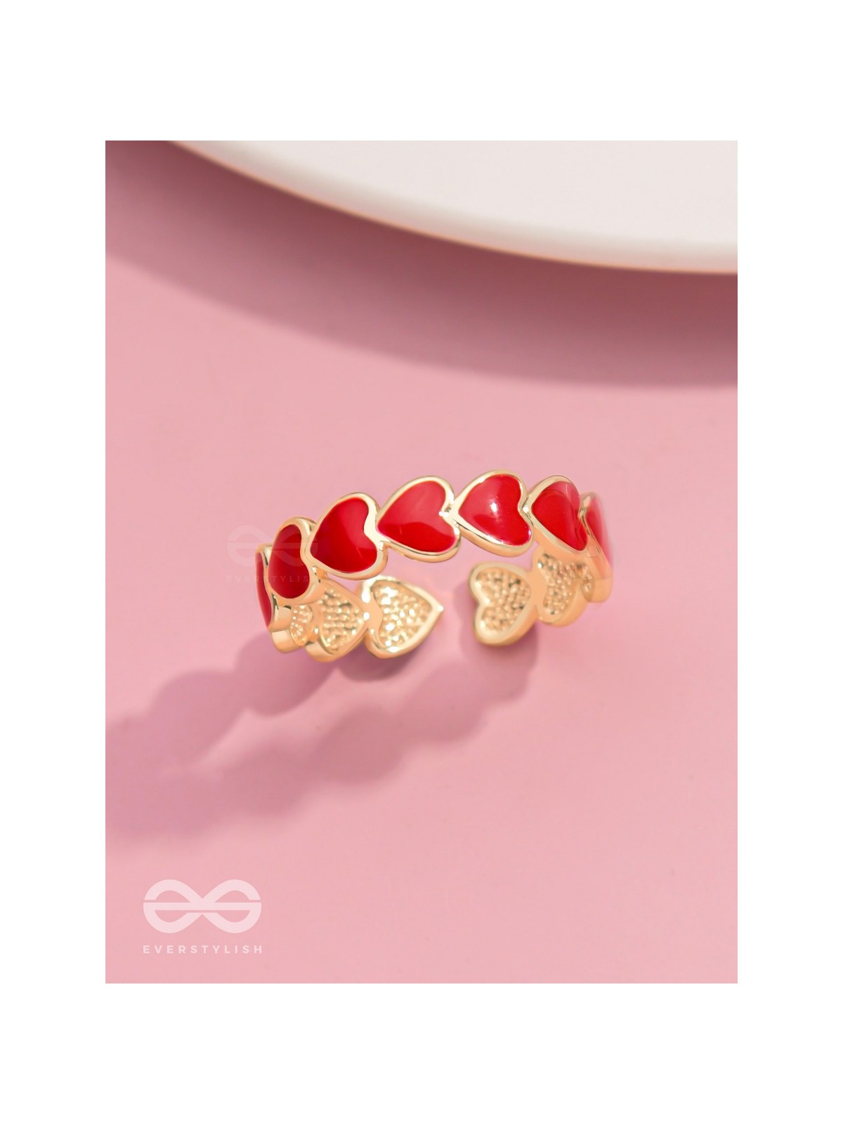 Crimson Hearts - Golden & Red Enamelled Ring