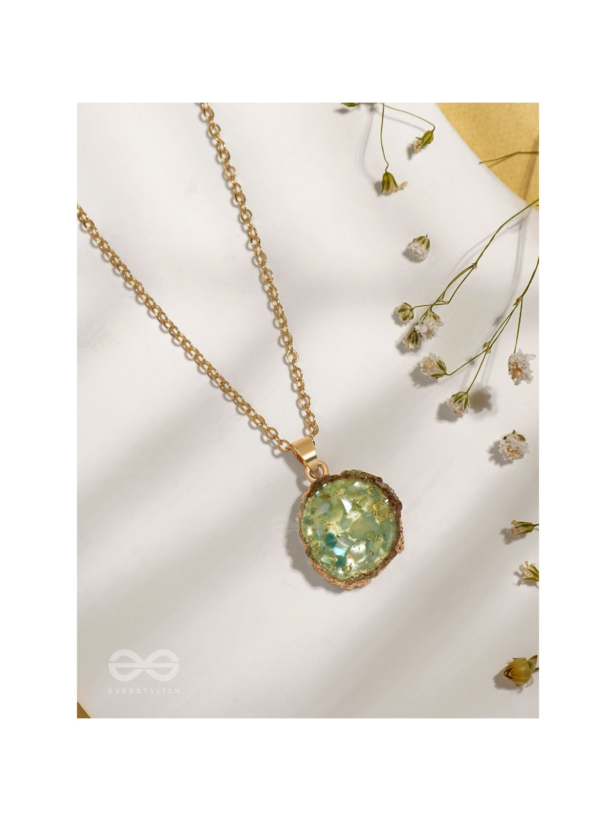 The Aqua Bloom - Golden And Teal Resin Pendant With Anti-Tarnish Coating