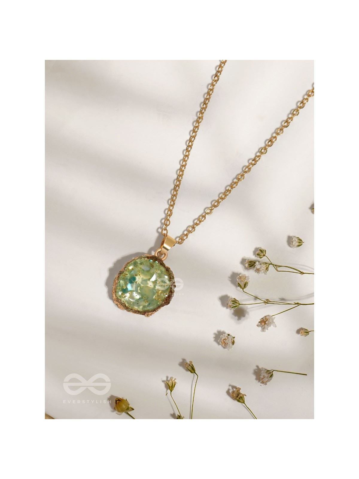 The Aqua Bloom - Golden And Teal Resin Pendant With Anti-Tarnish Coating