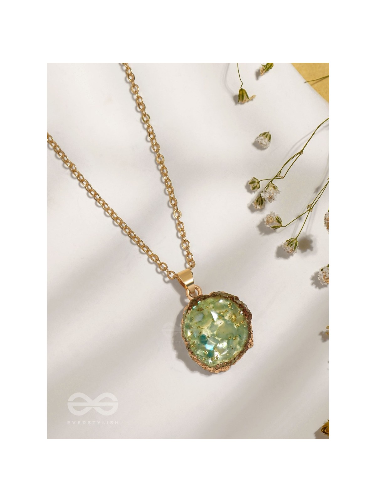 The Aqua Bloom - Golden And Teal Resin Pendant With Anti-Tarnish Coating